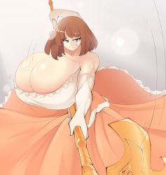 Rule 34 | 1girl, angry, axe, bare shoulders, battle axe, blue eyes, bouncing breasts, breasts, brown hair, ch3rrycupcakes, cleavage, clenched teeth, collarbone, dress, frilled dress, frills, gigantic breasts, glaring, grey background, grey eyes, heterochromia, highres, looking at viewer, muscular, muscular arms, muscular female, orange dress, original, short hair, sleeveless, sleeveless dress, solo, teeth, weapon