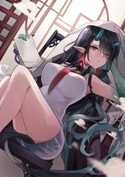 Rule 34 | 1girl, arknights, black collar, breasts, chair, china dress, chinese clothes, cleavage cutout, clothing cutout, collar, colored skin, dragon girl, dragon horns, dragon tail, dress, dusk (arknights), dutch angle, ear piercing, feet out of frame, green hair, green skin, head rest, highres, holding, holding scroll, horns, indoors, large breasts, long hair, looking at viewer, multicolored hair, necktie, piercing, pointy ears, red eyes, red necktie, saiko (saisaka), scroll, sitting, sleeveless, sleeveless dress, solo, streaked hair, tail, very long hair, white dress