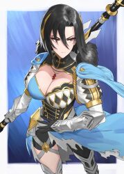 Rule 34 | 1girl, absurdres, armor, asymmetrical bangs, asymmetrical clothes, black hair, breasts, cleavage, cleavage cutout, closed mouth, clothing cutout, fire emblem, fire emblem engage, hair between eyes, highres, holding, holding weapon, jewelry, large breasts, long sleeves, looking to the side, nel (fire emblem), nintendo, red eyes, short hair, shou illust, simple background, solo, weapon