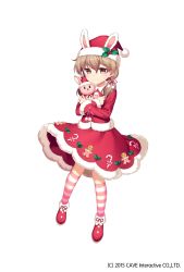 Rule 34 | 1girl, animal hat, brown hair, candy, candy cane, crossed arms, dress, food, full body, gingerbread man, gothic wa mahou otome, hair between eyes, hat, hat ornament, highres, holding, holding stuffed toy, holly, jenevan, medium hair, official art, pink legwear, rabbit hat, red dress, red footwear, red skirt, santa hat, short twintails, simple background, skirt, socks, solo, standing, striped clothes, striped legwear, striped socks, stuffed animal, stuffed rabbit, stuffed toy, twintails