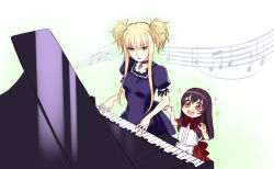 Rule 34 | 10s, 2girls, aoki hagane no arpeggio, blonde hair, brown eyes, brown hair, choker, highres, instrument, kongou (aoki hagane no arpeggio), lipstick, makeup, maya (aoki hagane no arpeggio), multiple girls, music, open mouth, personification, piano, playing instrument, playing piano, red eyes, ribbon, sparkle, twintails, ww90055, aged down