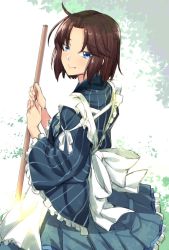 Rule 34 | 1girl, ahoge, bad id, bad pixiv id, blue eyes, brown hair, closed mouth, commentary request, dress, frilled dress, frills, holding, holding stick, kara no kyoukai, leaf, looking at viewer, maid, ryougi shiki, shirokuma a, short hair, smile, solo, stick, striped, tree, vertical stripes