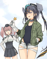 Rule 34 | 2girls, annin musou, aqua headwear, atlanta (kancolle), black headwear, black skirt, black one-piece swimsuit, blush, breasts, brown eyes, brown hair, buttons, candy, closed mouth, collared shirt, competition swimsuit, cowboy shot, earrings, food, garrison cap, gloves, green jacket, grey eyes, grey hair, hair between eyes, hair ornament, hand in pocket, hat, headgear, high-waist skirt, highleg, highleg swimsuit, holding, holding candy, holding food, index finger raised, jacket, jewelry, kantai collection, large breasts, long hair, long sleeves, multiple girls, one-piece swimsuit, open clothes, open jacket, open mouth, partially fingerless gloves, pleated skirt, scamp (kancolle), shirt, short shorts, shorts, side ponytail, skirt, star (symbol), star earrings, star hair ornament, suspender skirt, suspenders, swimsuit, tongue, tongue out, two side up, white gloves, white shirt, white shorts