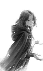 Rule 34 | 1girl, absurdres, cloak, elden ring, facial tattoo, from side, greyscale, highres, hood, hood down, hooded cloak, jdori, looking at viewer, medium hair, melina (elden ring), monochrome, one eye closed, petals, simple background, solo, tattoo