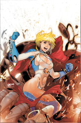Rule 34 | 1girl, ame-comi, blonde hair, blue eyes, boots, breasts, cape, chain, cleavage, cleavage cutout, clothing cutout, dc comics, earrings, fabino mantovani, gauntlets, gloves, highleg, highleg leotard, hip focus, jewelry, kryptonian, leotard, lipstick, makeup, navel, power girl, red cape, robot, screw, short hair, solo, thighhighs, thighs, toned