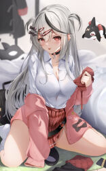 Rule 34 | 1girl, black choker, black hair, blurry, blurry background, blush, bow, breasts, button gap, cardigan, caution tape, chain, choker, cleavage, collared shirt, ear piercing, glint, grey hair, hair between eyes, hair bow, hair ornament, hairclip, heart pendant, highres, holding, hololive, jacket, unworn jacket, large breasts, long hair, long sleeves, looking at viewer, multicolored hair, no shoes, o-ring, o-ring choker, off shoulder, piercing, pink cardigan, plaid, plaid skirt, pleated skirt, red eyes, red skirt, sakamata chloe, school uniform, shirt, shirt tucked in, sign, sitting, skirt, sleeves past fingers, sleeves past wrists, socks, solo, streaked hair, tongue, tongue out, two side up, uro 9at, virtual youtuber, wariza, warning sign, white shirt, white socks, x hair ornament
