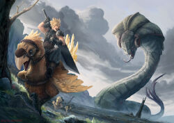 Rule 34 | armor, baggy pants, barret wallace, bird, blonde hair, buster sword, chocolate, cloud, cloud strife, cloudy sky, commentary, english commentary, final fantasy, final fantasy vii, grey sky, holding, holding reins, holding sword, holding weapon, huge weapon, lesoldatmort, looking back, monster, mountainous horizon, open mouth, outdoors, pants, reins, riding, riding bird, scenery, short hair, shoulder armor, single bare shoulder, size difference, sky, spiked hair, sweater, sword, tifa lockhart, turtleneck, turtleneck sweater, weapon
