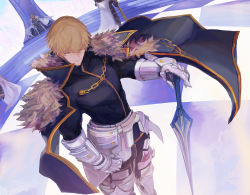 Rule 34 | 1boy, 1girl, armor, artoria pendragon (fate), artoria pendragon (lancer) (fate), black gloves, blonde hair, blue cape, blue eyes, cape, collared cape, excalibur galatine (fate), fate/extra, fate/grand order, fate (series), fur collar, gauntlets, gawain (fate), gloves, holding, holding sword, holding weapon, knight, knights of the round table (fate), long sleeves, lousun, male focus, short hair, sitting, solo focus, standing, sword, throne, throne room, weapon