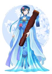 Rule 34 | 1girl, bishoujo senshi sailor moon, blue dress, blue eyes, blue hair, blue ribbon, chinese clothes, closed mouth, collarbone, dress, english text, flower, full body, gem, hair flower, hair ornament, hair ribbon, highres, holding, holding instrument, instrument, koya, long dress, long sleeves, looking at viewer, mizuno ami, pink flower, ribbon, short hair, smile, solo, standing, white background, wide sleeves