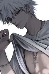 Rule 34 | 1boy, absurdres, blue eyes, bracelet, candy, clothes lift, cross, cross necklace, earbuds, earphones, earrings, food, food in mouth, hair between eyes, hand up, highres, hunter x hunter, jewelry, killua zoldyck, lifted by self, likeu 99, lips, lollipop, long sleeves, looking at viewer, male focus, mouth hold, multiple earrings, necklace, nipples, aged up, shirt, shirt lift, simple background, smirk, solo, t-shirt, thumb ring, toned, toned male, upper body, white background, white hair, white shirt