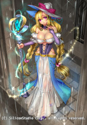 Rule 34 | 1girl, bare shoulders, blonde hair, bow, braid, breasts, cleavage, company name, full body, gyakushuu no fantasica, hat, high heels, huge breasts, jewelry, long hair, navel, official art, open mouth, pink eyes, rain, ryuki@maguro-ex, solo, sparkle, staff, twin braids, veins, veiny breasts, very long hair, witch hat