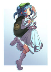 Rule 34 | 1girl, arm up, backpack, bag, blue eyes, blue hair, blue shirt, blue skirt, blunt bangs, boots, breasts, cabbie hat, commentary request, creape, drop shadow, from side, full body, gradient background, hair ornament, hand up, hat, highres, kawashiro nitori, key, long sleeves, looking at viewer, medium hair, outline, salute, shirt, sidelighting, skirt, skirt pocket, skirt set, small breasts, smile, solo, standing, standing on one leg, tiptoes, touhou, two side up