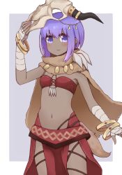 Rule 34 | 1girl, alternate costume, arms up, bandaged arm, bandages, bandeau, bangle, blush, bracelet, brown cape, cape, cosplay request, cowboy shot, dark-skinned female, dark skin, fate/grand order, fate (series), fingerless gloves, flat chest, gloves, grey background, hassan of serenity (fate), horn ornament, horns, i.u.y, jewelry, loincloth, looking at viewer, mask, mask on head, military, military uniform, mordred (fate), mordred (fate/apocrypha), mordred (true samadhi fire) (fate), naval uniform, navel, necklace, outside border, purple eyes, purple hair, revealing clothes, short hair, sidelocks, simple background, skull mask, solo, standing, stomach, tareme, uniform, white gloves