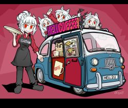 Rule 34 | 1boy, 4girls, abarth, animal ear fluff, animal ears, apron, blunt bangs, brown apron, cerberus (helltaker), clothes writing, coffee mug, commentary request, cup, helltaker, helltaker (character), holding, holding cup, holding tray, ichinana (dametetujin17), jojo no kimyou na bouken, license plate, looking at viewer, lucifer (helltaker), mole, mole under eye, mug, multiple girls, red background, red eyes, short hair, simple background, smile, standing, stardust crusaders, tray, white hair