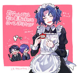 Rule 34 | 3boys, apron, black dress, black hair, black jacket, black necktie, blue hair, chesed (project moon), crossdressing, dress, jacket, juliet sleeves, library of ruina, long hair, long sleeves, maid headdress, multiple boys, name tag, necktie, pink background, project moon, puffy sleeves, purple hair, roland (project moon), sleeve cuffs, translation request, twintails, white apron, yesod (project moon), yono neie