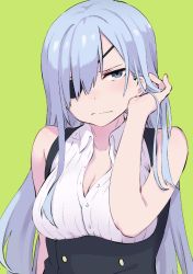 Rule 34 | 1girl, aki poi, bare arms, bare shoulders, blue hair, blush, breasts, cleavage, closed mouth, collared shirt, commentary request, eyepatch, green background, grey eyes, hair over one eye, hand in own hair, long hair, looking at viewer, medium breasts, original, partially unbuttoned, shirt, simple background, sleeveless, sleeveless shirt, solo, underbust, upper body, very long hair, white shirt