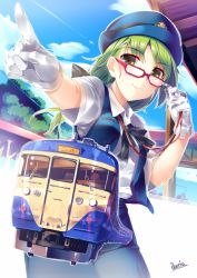 Rule 34 | 1girl, bad id, bad pixiv id, glasses, gloves, green hair, hat, long hair, looking at viewer, low-tied long hair, low ponytail, original, red-framed eyewear, ryuji (ikeriu), smile, solo, train, uniform, vest, whistle, white gloves, yellow eyes