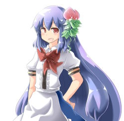 Rule 34 | 1girl, blue hair, bow, female focus, food, frills, fruit, hinanawi tenshi, hinghoi, leaf, long hair, open mouth, peach, red eyes, short sleeves, simple background, smile, solo, touhou, very long hair