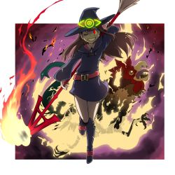 Rule 34 | 10s, 1girl, ;d, boots, broom, brown hair, burning, cockatrice, death, fire, full body, glowing, glowing eye, grin, hat, kagari atsuko, knee boots, little witch academia, long hair, momojiri tarou, one eye closed, open mouth, polearm, red eyes, smile, spear, straight hair, weapon, witch, witch hat