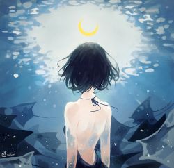 Rule 34 | 1girl, artist name, backless dress, backless outfit, bad id, bad pixiv id, black hair, crescent moon, dress, from behind, halterneck, moon, original, signature, solo, sparkle, stingray, tofuvi, underwater