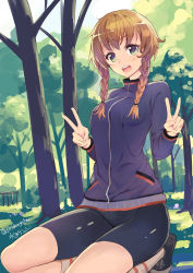 Rule 34 | 1girl, 5pb., :d, amane suzuha, bike shorts, braid, breasts, day, double v, green eyes, hair over shoulder, highres, jacket, long hair, mizuta kenji, nitroplus, open mouth, peace symbol, science adventure, smile, solo, squatting, steins;gate, track jacket, tree, twin braids, twintails, v