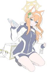 Rule 34 | 1girl, absurdres, animal ear fluff, animal ears, bag, blue archive, blue eyes, bottle, hairband, halo, highres, holding, holding bottle, holding towel, jacket, kneehighs, kneeling, long hair, low ponytail, mari (blue archive), mari (track) (blue archive), masabodo, multicolored clothes, multicolored jacket, official alternate costume, orange hair, revision, shorts, shoulder bag, socks, solo, towel, two-tone jacket, white background, white bag, white hairband