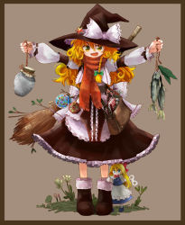 Rule 34 | &gt;:d, 1girl, :&lt;, :d, apron, aqua eyes, bag, ball, bamboo broom, bell, blonde hair, book, boots, border, bottle, bow, braid, broom, capelet, curly hair, doll, female focus, fish, flower, frills, gradient eyes, green eyes, hair between eyes, hair bow, handbag, hat, hat bow, highres, holding, kirisame marisa, lace, leaf, long hair, long sleeves, mini-hakkero, multicolored eyes, mushroom, open mouth, outstretched arms, plant, pot, puffy sleeves, rock, scarf, sepia background, shanghai doll, side braid, simple background, single braid, smile, soda, standing, star (symbol), telescope, touhou, uma (ninjin misaki), v-shaped eyebrows, winding key, witch hat, wrench, yellow eyes