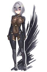 Rule 34 | 1girl, 621 (armored core 6), absurdres, armored core, armored core 6, black bodysuit, bodysuit, breasts, brown bodysuit, brown gloves, closed mouth, commentary request, covered navel, full body, gloves, grey footwear, grey hair, hair intakes, hair ornament, hair over one eye, hairclip, highres, large breasts, long sleeves, looking at viewer, miyuki rei, red eyes, shoes, simple background, solo, standing, torn bodysuit, torn clothes, white background