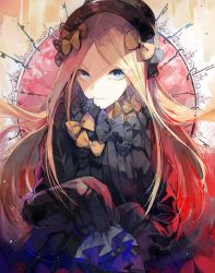 Rule 34 | 1girl, abigail williams (fate), black bow, black dress, black hat, blonde hair, blue eyes, bow, bug, butterfly, closed mouth, commentary request, dress, ezu (e104mjd), fate/grand order, fate (series), hair bow, hat, highres, insect, key, long hair, long sleeves, looking at viewer, orange bow, parted bangs, polka dot, polka dot bow, sleeves past wrists, solo, v-shaped eyebrows, very long hair