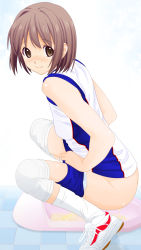 Rule 34 | 1girl, bad id, bad pixiv id, bathroom, blue shorts, blush, breasts, brown eyes, brown hair, character request, clothes pull, copyright request, dedenden (pixiv30568724), flower, from side, highres, jersey, knee pads, looking at viewer, panties, panty pull, pee, peeing, pulled by self, shirt, shoes, short hair, shorts, shorts pull, small breasts, smile, sneakers, socks, squat toilet, squatting, toilet, toilet use, underwear, white footwear, white panties, white shirt, white socks