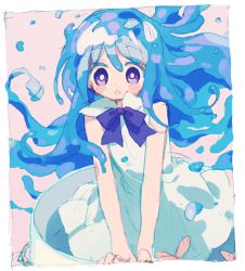 Rule 34 | 1girl, :o, bare arms, blue eyes, blue hair, blue ribbon, blush stickers, border, collared dress, dot nose, dress, framed, in container, ka (marukogedago), liquid hair, long hair, looking at viewer, merc (merc storia), merc storia, monster girl, neck ribbon, open mouth, outside border, pink background, ribbon, simple background, sleeveless, sleeveless dress, slime girl, solo, tareme, very long hair, white border, white dress
