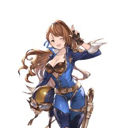 Rule 34 | 10s, 1girl, beatrix (granblue fantasy), belt, bodysuit, bra, breasts, brown eyes, brown hair, cleavage, detached sleeves, fingerless gloves, gloves, goggles, granblue fantasy, helmet, holding, large breasts, long hair, looking at viewer, minaba hideo, official art, one eye closed, open mouth, racing suit, salute, smile, solo, transparent background, underwear, weapon