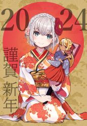 Rule 34 | 1girl, 2024, absurdres, alternate costume, blush, braid, breasts, cameo, character print, closed mouth, floral print kimono, green eyes, grey hair, hair between eyes, happy new year, highres, holding, hololive, japanese clothes, kimono, large breasts, looking at viewer, medium hair, new year, obi, print kimono, sash, shiranui flare, shirogane noel, smile, snowekaki, solo, virtual youtuber, wavy hair