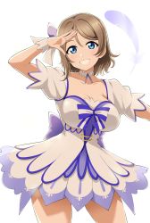 Rule 34 | 1girl, barkhorn0331, blue eyes, breasts, cleavage, collarbone, dress, feathers, grey hair, hair ornament, highres, large breasts, looking at viewer, love live!, love live! sunshine!!, salute, short hair, simple background, smile, standing, watanabe you, white background, white dress