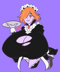 Rule 34 | breasts, cleavage, cleavage cutout, clothing cutout, colored skin, eye markings, fire emblem, fire emblem: three houses, giant tabby, gigantic breasts, hat, highres, knife, kronya (fire emblem), lipstick, looking at viewer, maid, maid, makeup, nintendo, orange hair, pale skin, plate, purple background, purple skin, signature, simple background, smile, solo