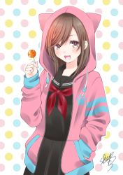 Rule 34 | 1girl, animal ears, black serafuku, black skirt, blush, brown eyes, brown hair, candy, commentary, commentary request, drawstring, fang, food, hair between eyes, hand in pocket, hand up, highres, holding, holding food, hood, hoodie, lollipop, long sleeves, looking at viewer, neckerchief, open clothes, open hoodie, open mouth, original, pink hoodie, pleated skirt, sailor collar, school uniform, serafuku, sheepd, shirt, simple background, skirt, smile, solo, sparkling eyes, unzipped, zipper
