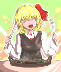 Rule 34 | 1girl, :d, ^ ^, blonde hair, closed eyes, food, fork, fuyuno (kiddyland), hair ribbon, knife, meat, open mouth, plate, ribbon, rumia, short hair, smile, steak, steam, touhou
