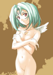Rule 34 | .hack//, .hack//sign, 00s, angel wings, bandai, blue hair, breast hold, breasts, covering privates, cyber connect 2, flat chest, green hair, navel, nude, nude cover, red eyes, short hair, solo, subaru (.hack//), tattoo, wings, zundarepon