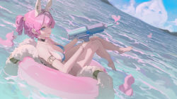 Rule 34 | 1girl, :d, absurdres, afloat, ahoge, animal ear fluff, animal ears, armlet, bare shoulders, barefoot, bikini, bikini top only, blue bikini, blue eyes, bottomless, breasts, cleavage, cloud, convenient arm, convenient censoring, dingding (chongsangjun), from side, full body, heart, highres, holding, holding water gun, innertube, jewelry, looking at viewer, looking to the side, lying, necklace, ocean, on back, open mouth, original, photoshop (medium), pink hair, rabbit ears, rubber duck, short hair, short ponytail, smile, swim ring, swimsuit, water, water gun