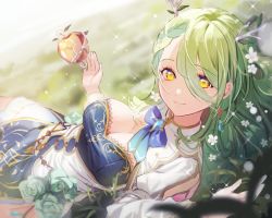 Rule 34 | 1girl, absurdres, akaike, antlers, apple, blue bow, bow, braid, braided bangs, breasts, ceres fauna, cleavage, cleavage cutout, clothing cutout, flower, food, fruit, golden apple, green hair, hair flower, hair ornament, highres, hololive, hololive english, horns, jewelry, long hair, looking at viewer, medium breasts, mole, mole under eye, outdoors, single braid, solo, virtual youtuber, yellow eyes