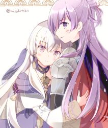 Rule 34 | 2girls, blush, breasts, cleavage, closed mouth, commission, dress, fire emblem, fire emblem: three houses, fire emblem warriors: three hopes, flat chest, hair bun, hair ornament, hair over one eye, highres, holding, large breasts, long hair, long sleeves, looking at viewer, lysithea von ordelia, mizuki toko, multiple girls, nintendo, open mouth, pink eyes, purple eyes, purple hair, shez (female) (fire emblem), shez (fire emblem), simple background, single hair bun, skeb commission, smile, upper body, white hair, yuri