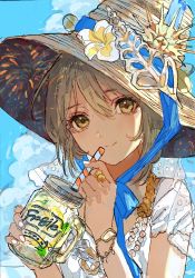 Rule 34 | 1girl, blue sky, brown eyes, brown hair, brown hat, buchi (qooo003), closed mouth, cloud, cloudy sky, commentary request, conch, cup, day, drinking straw, flower, hair between eyes, hat, hat flower, highres, holding, holding cup, looking at viewer, mug, original, outdoors, shirt, short sleeves, sky, smile, solo, upper body, white shirt, yellow flower