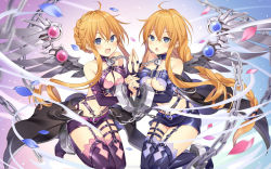 Rule 34 | 2girls, between breasts, blush, boots, braid, braided bun, braided ponytail, breasts, chain, cleavage, commentary request, cowboy shot, cuffs, date a live, drill hair, hair bun, holding hands, looking at viewer, mechanical wings, medium breasts, multiple girls, open mouth, orange hair, rie (reverie), shackles, short shorts, shorts, siblings, sisters, smile, solo, sports bikini, thigh boots, twin drills, twins, twintails, wings, yamai kaguya, yamai yuzuru
