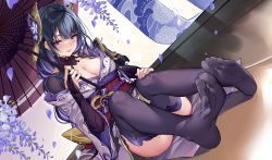 1girl absurdres blush breasts feet flower foot_focus full_body genshin_impact hair_ornament highres japanese_clothes kikimi kimono large_breasts long_hair long_sleeves nail_polish parted_lips petals purple_eyes purple_hair purple_kimono purple_nails purple_thighhighs raiden_shogun see-through_clothes see-through_legwear sitting smile soles solo thighhighs thighs toes umbrella wide_sleeves