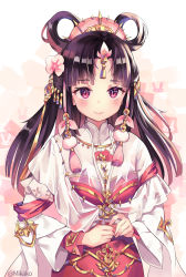 Rule 34 | 1girl, artist name, black hair, blush, breasts, character request, closed mouth, dot nose, flower, hair flower, hair ornament, headpiece, highres, jian xia qing yuan (series), jianxia qingyuan (series), jianxia qingyuan online 3, long hair, looking at viewer, mikako, pink eyes, sidelocks, simple background, small breasts, smile, white background, wide sleeves