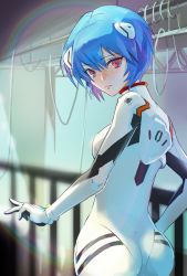 Rule 34 | 1girl, ass, ayanami rei, back, blue hair, bodysuit, breasts, closed mouth, commentary, contrapposto, cowboy shot, expressionless, from behind, hair between eyes, hand on own hip, highres, hose, interface headset, jooooooo2, looking at viewer, looking back, medium breasts, neon genesis evangelion, outstretched hand, pilot suit, plugsuit, railing, red eyes, short hair, solo, standing, steel beam, white bodysuit