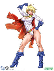 Rule 34 | 1girl, ahoge, belt, blonde hair, blue eyes, blue footwear, blue gloves, boots, breasts, cape, cleavage, cleavage cutout, clothing cutout, copyright name, dc comics, female focus, full body, gloves, hand on own hip, high heel boots, high heels, highres, kryptonian, large breasts, legs, leotard, muscular, official art, power girl, red cape, shirt, shoes, simple background, smile, solo, standing, taut clothes, taut shirt, warner bros, white background, yamashita shun&#039;ya