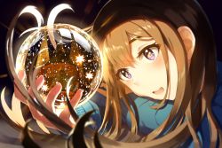 Rule 34 | 1girl, blush, brown hair, christmas, christmas tree, dark, h-appa, head on hand, highres, long hair, looking at object, night, open mouth, original, pink eyes, shadow, smile, snow globe, solo, sparkling eyes, star (symbol)