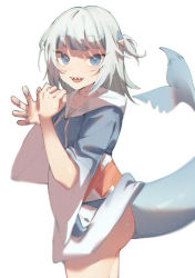 Rule 34 | 1girl, :d, ass, blue eyes, blue hair, blue nails, blunt bangs, fins, fish tail, gawr gura, hair ornament, highres, hololive, hololive english, hood, hoodie, kurokiri6630, looking at viewer, multicolored hair, nail polish, open mouth, shark tail, sharp teeth, simple background, smile, solo, tail, teeth, two-tone hair, virtual youtuber, white background