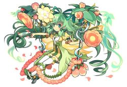 Rule 34 | ahoge, alraune (p&amp;d), aqua eyes, dress, flower, green hair, green ribbon, hair ribbon, long hair, monster girl, official art, petals, plant girl, puffy short sleeves, puffy sleeves, puzzle &amp; dragons, ribbon, short sleeves, simple background, sitting, solo, striped clothes, striped dress, suzuki kaori, swing, thighhighs, twintails, very long hair, white background, white thighhighs